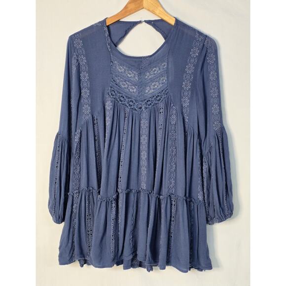 Free People Kiss Kiss Embroidered Lace Tunic Dress Blue Boho Style Size XS - Picture 3 of 10